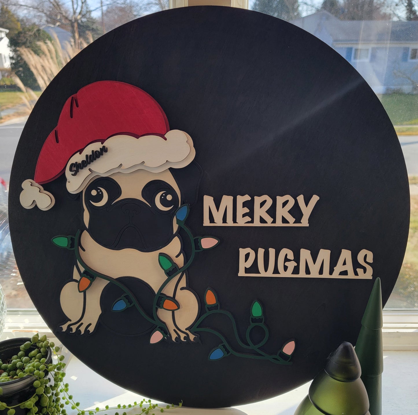 Merry Pugmas 19" hand-painted wood sign