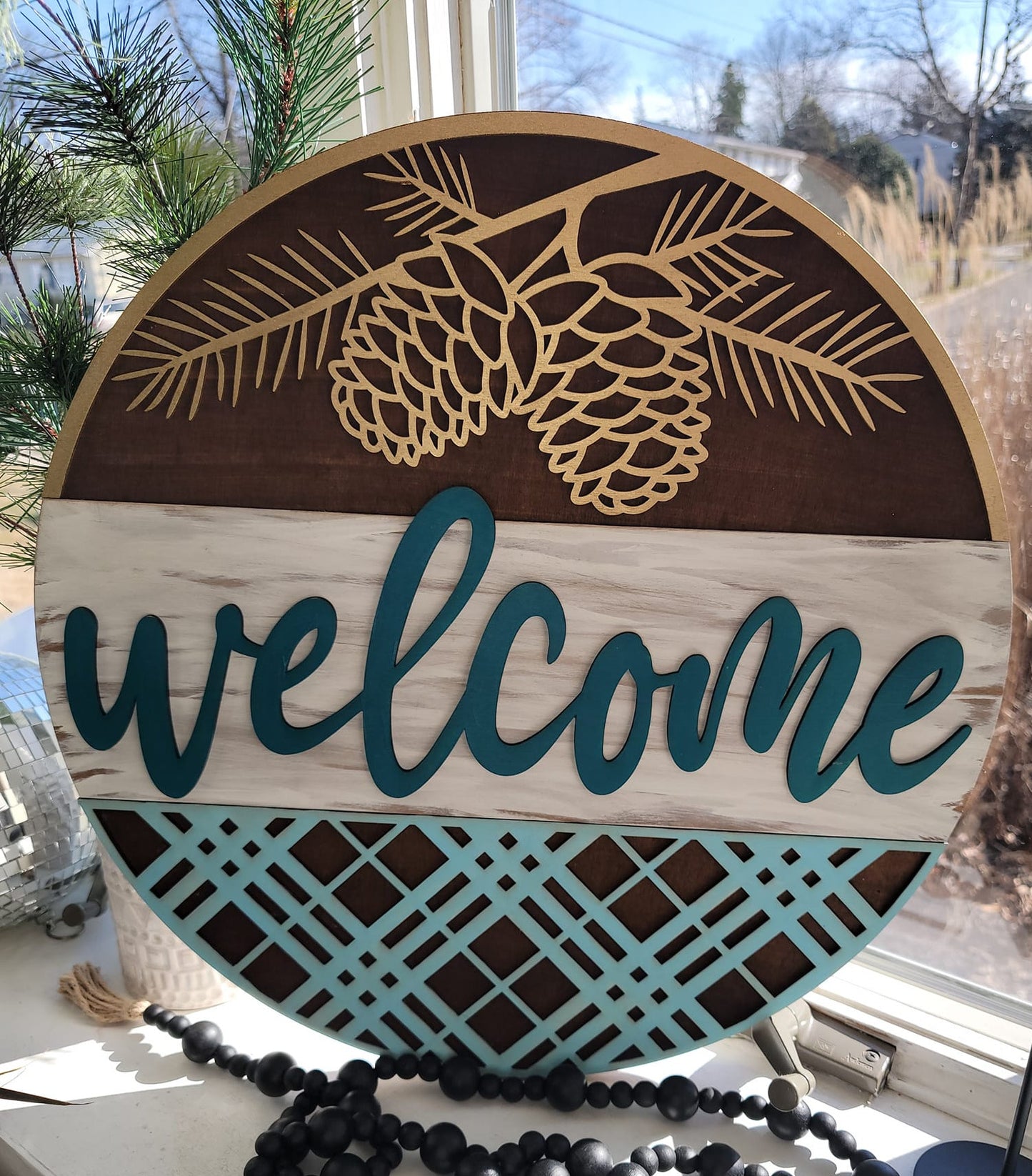 All Season Pinecone hand painted Welcome Sign